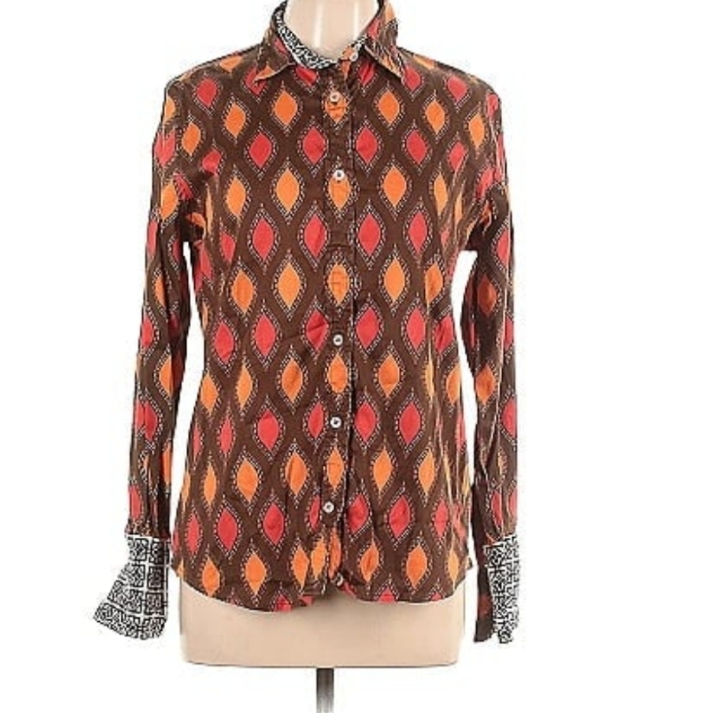 TIZZIE Button Down Shirt Orange  Print with Contrast Cuffs
